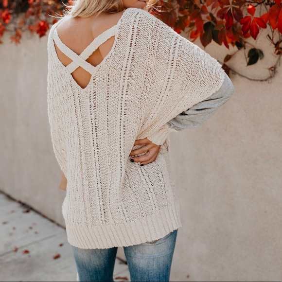 NWT Criss Cross Back Cable Knit Contrast Sweater - Picture 6 of 8